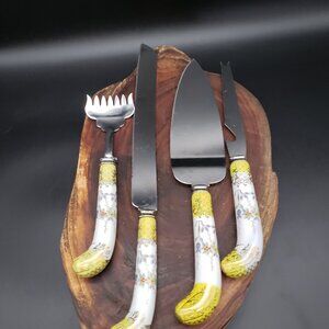 Vintage Sheffield England 4 Pc Serving Utensil Set Porcelain Handles Floral Gold